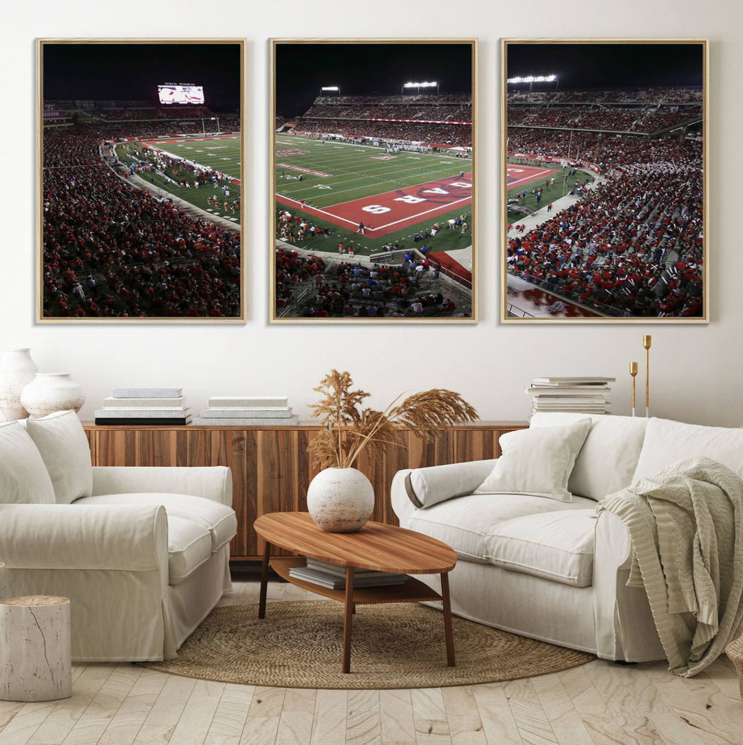 Aerial view of TDECU Stadium at night on the Houston Cougars Football Wall Art Canvas Print.