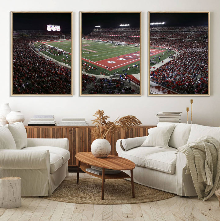 Aerial view of TDECU Stadium at night on the Houston Cougars Football Wall Art Canvas Print.