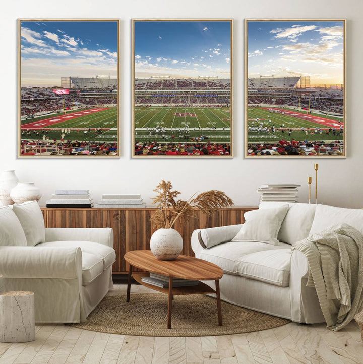 A Houston Cougars print of TDECU Stadium with a game crowd beautifully enhances the living room decor.