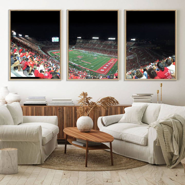 The wall art canvas print features a scene from a packed TDECU Stadium at night, highlighting the field and scoreboard.