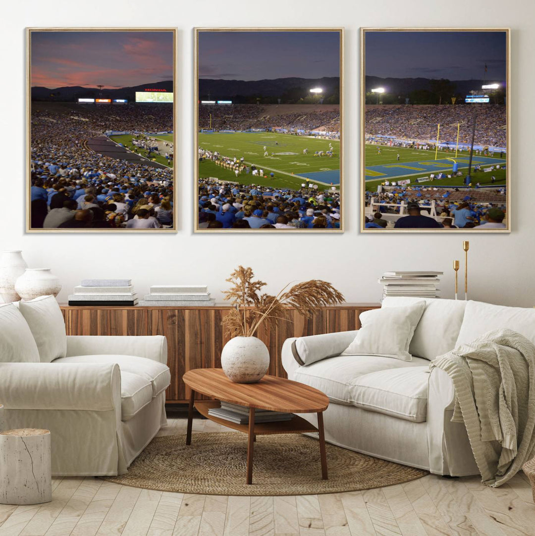 Admire the stunning wall art canvas depicting a UCLA Bruins game with a sunset over the Pasadena Rose Bowl Stadium.