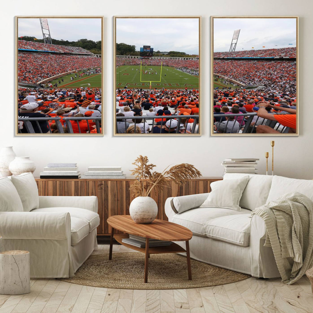 The Virginia Cavaliers Wall Art Canvas Print features a thrilling game at Scott Stadium surrounded by greenery.