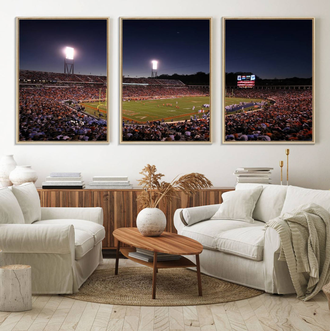 A nighttime game at Scott Stadium, floodlit—a scene from the Virginia Cavaliers Football art print.