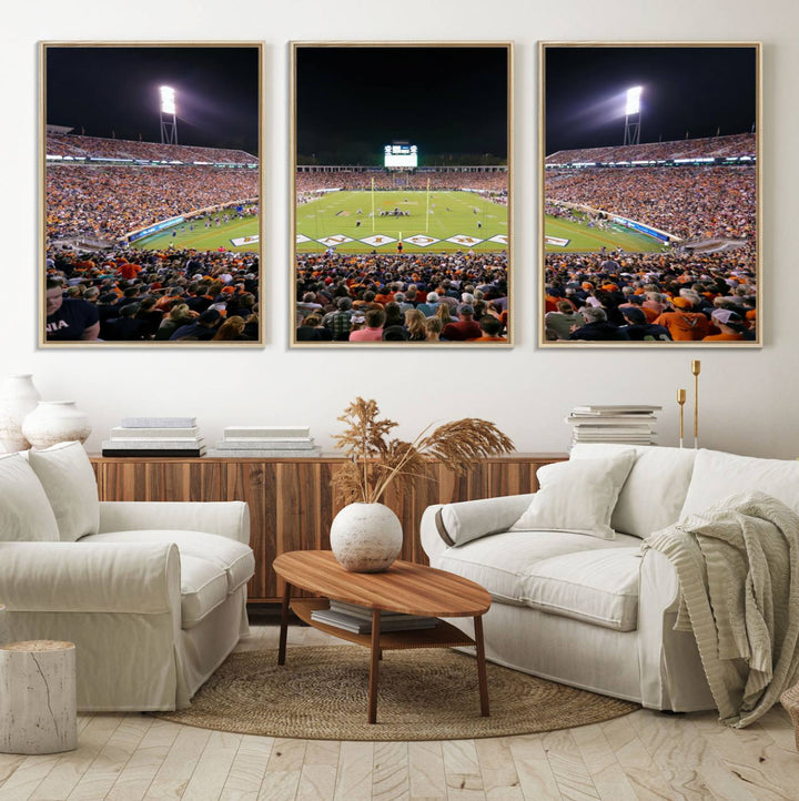 A Virginia Cavaliers Wall Art Canvas Print captures Scott Stadium filled with fans under the night sky.