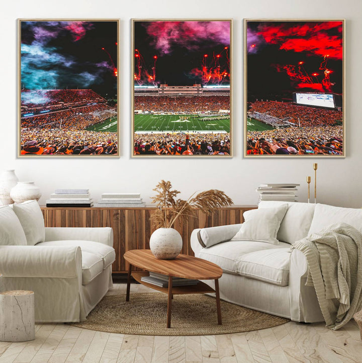 A Hokies football canvas print displays Lane Stadium at night with fireworks.