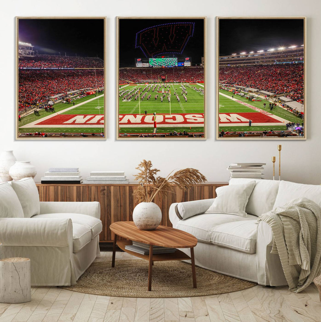 A premium canvas print captures a vibrant scene of Camp Randall Stadium featuring a lively football game with cheering fans and the energetic movements of the band.