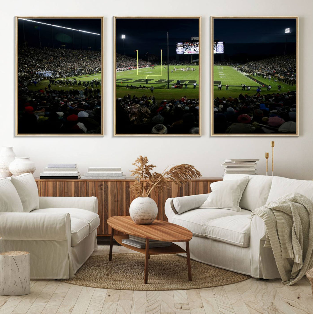 A Purdue Boilermakers canvas print beautifully showcases Ross–Ade Stadium in West Lafayette, vibrant with fans and a large screen display.