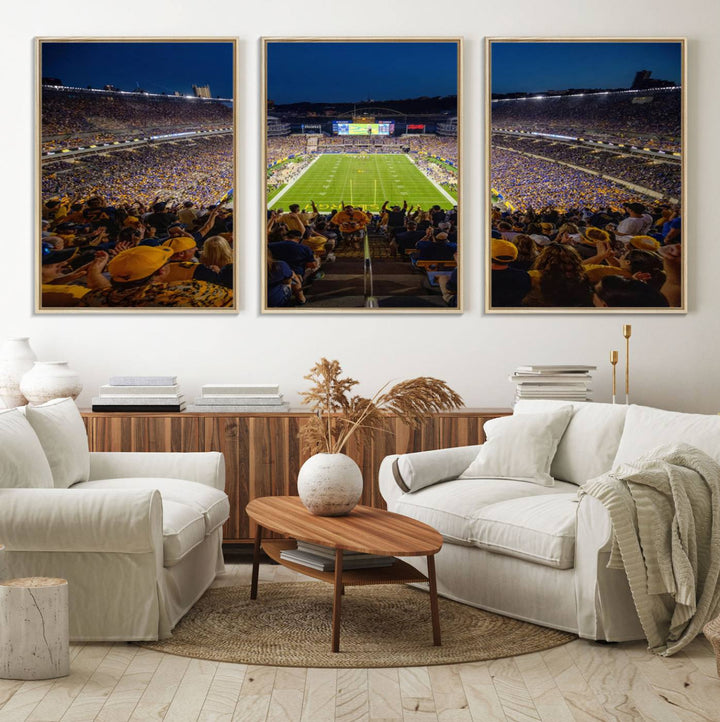 A Pittsburgh Panthers Acrisure Stadium canvas print captures the thrill of a packed stadium under lights and fans cheering.