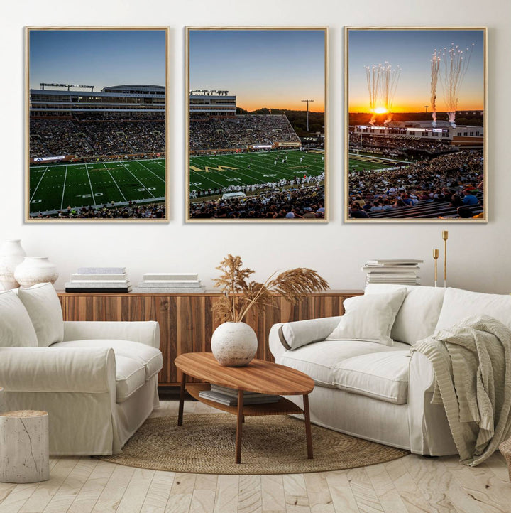 Canvas wall art print depicting the Demon Deacons football stadium at sunset with fireworks.