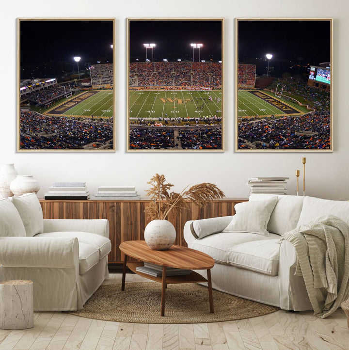 The Demon Deacons stadium print captures a brightly lit, bustling scene on museum-quality canvas.