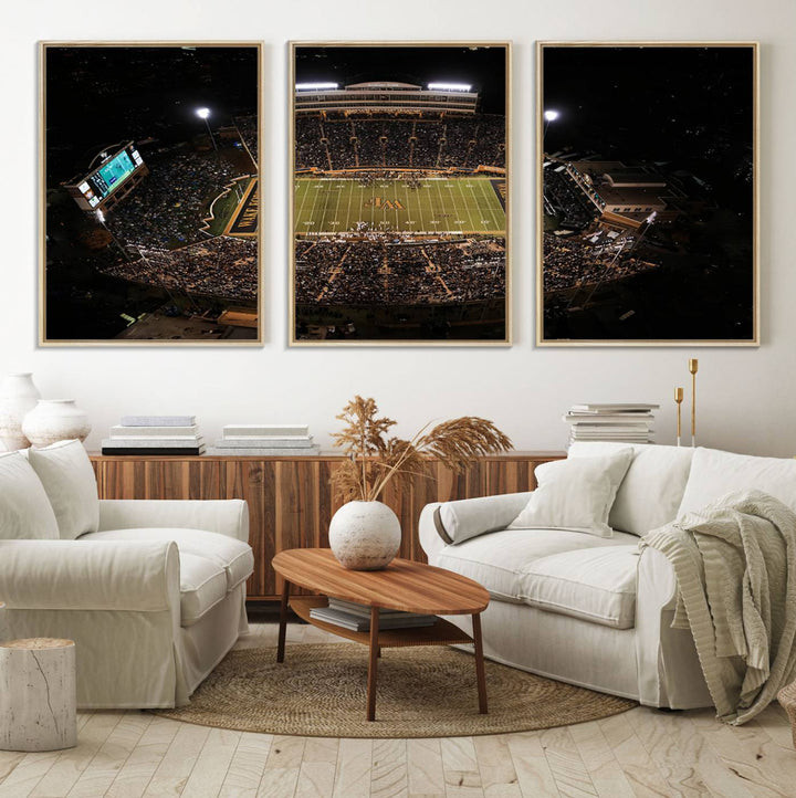 Canvas wall art displays an aerial view of Wake Forest Demon Deacons stadium at night.