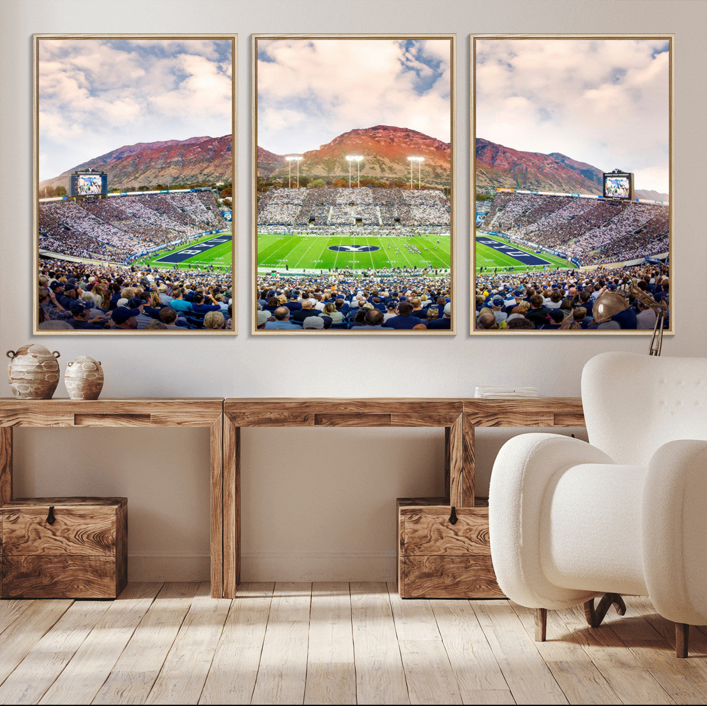 85734-MGV-FC-60X30-3P_Natural-Brigham Young University Cougars Football Team Print - Provo LaVell Edwards Stadium Wall Art Canvas