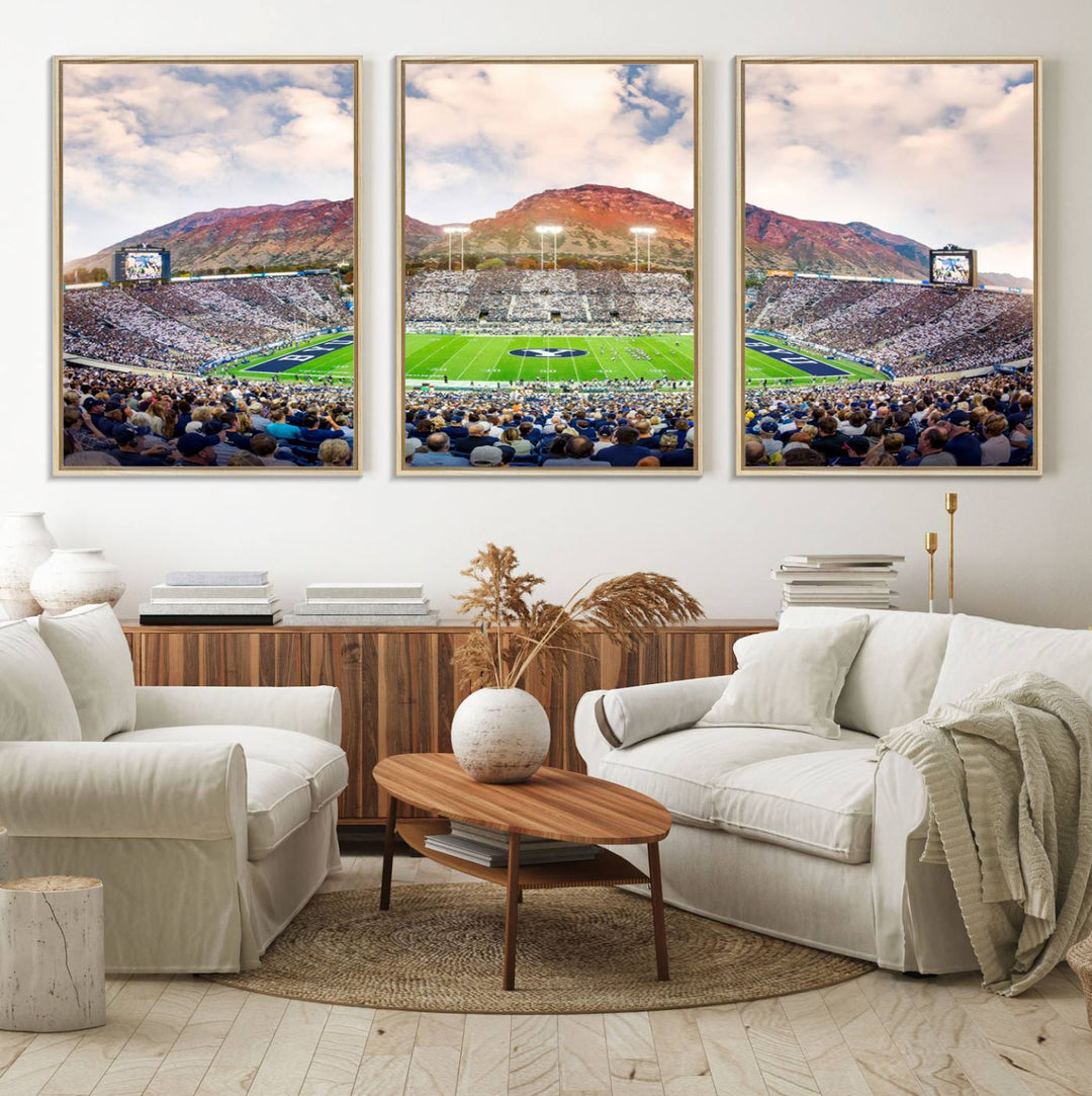 A museum-quality canvas featuring BYU Cougars Football at LaVell Edwards Stadium with a stunning mountain view.