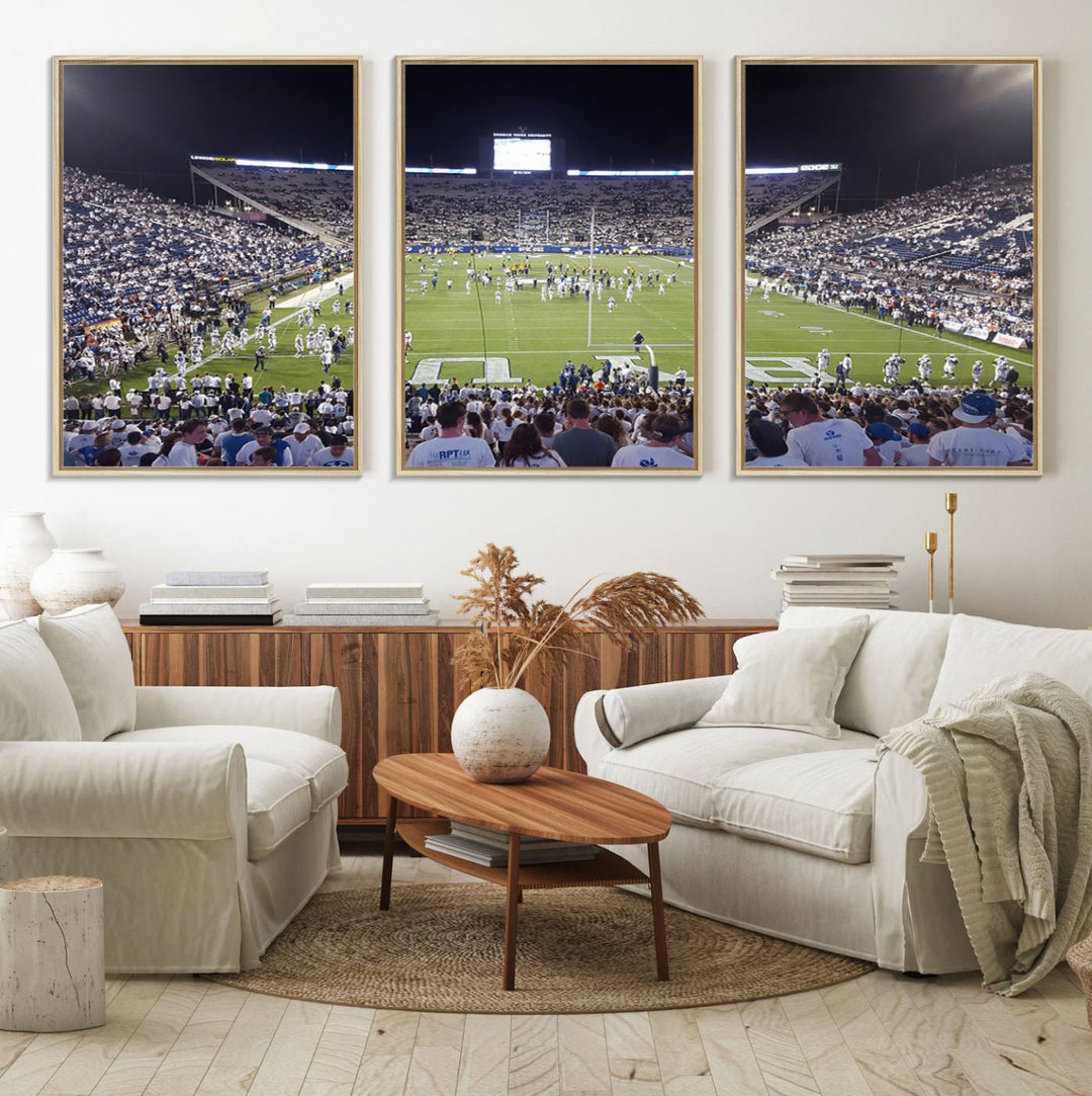 The wall art is a premium canvas of LaVell Edwards Stadium, offering a gallery-quality finish that showcases BYU Cougars pride.