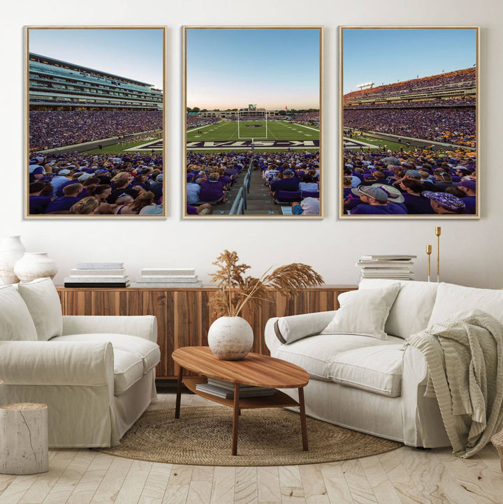 Sunset view of fans in purple at Bill Snyder Family Stadium, captured in a stunning gallery wall art canvas, perfect for a modern living room or office.