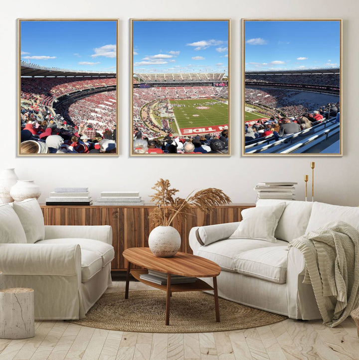 Canvas print of Alabama Crimson Tides Bryant-Denny Stadium, showcasing a sunlit field under a blue sky.