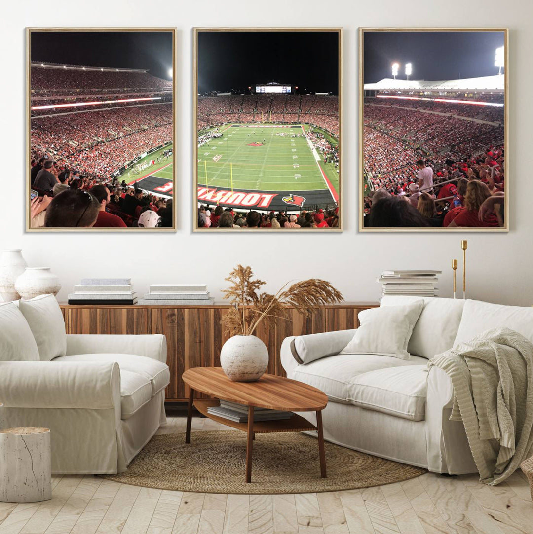 Panoramic view of a crowded football stadium with Louisville in the end zone, crafted as University of Louisville wall art.