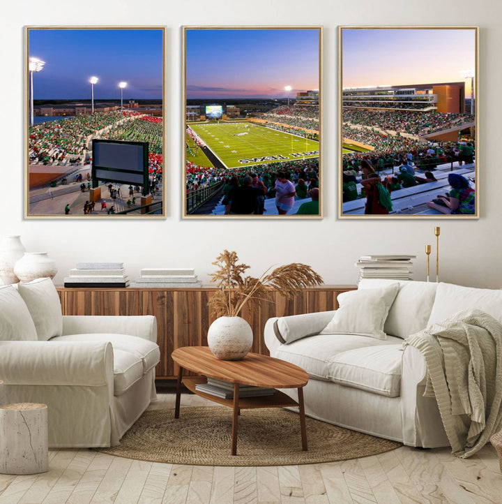 Aerial view of University of North Texas DATCU Stadium at sunset on canvas, showcasing a colorful sky.