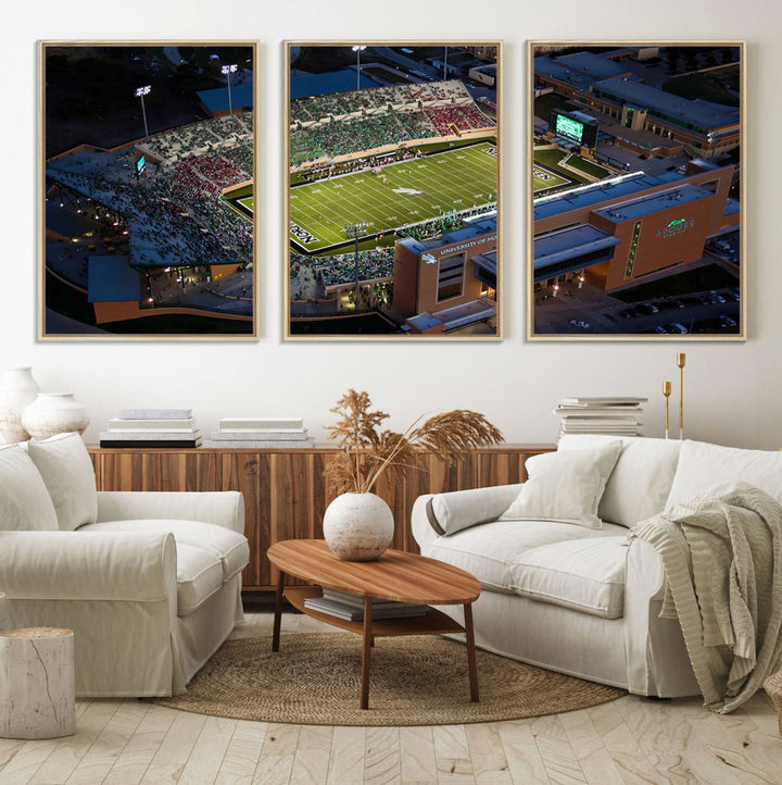 Night aerial view of fans at UNT Mean Green game captured on premium DATCU Stadium canvas wall art print.