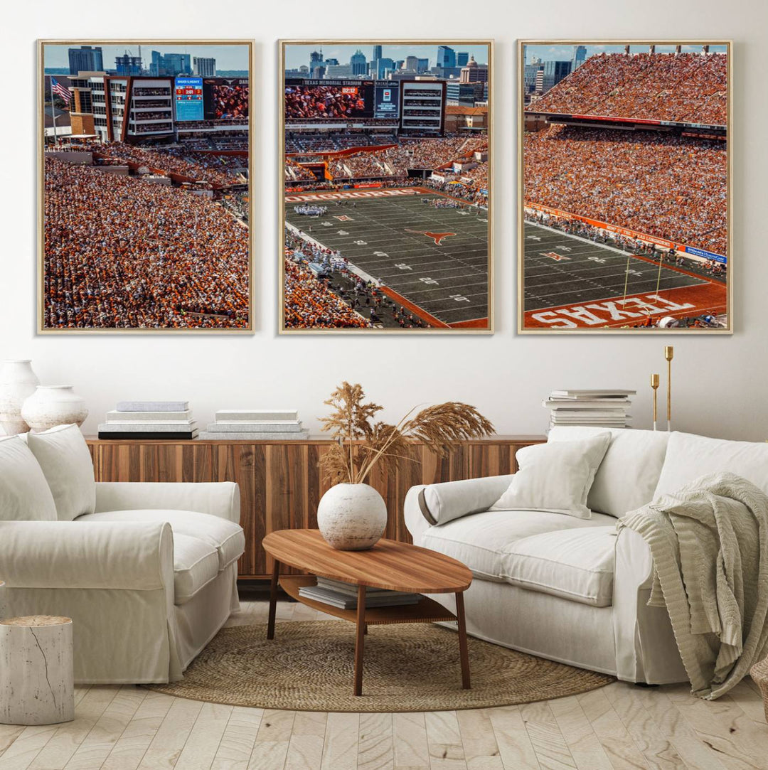 A premium canvas wall art featuring the University of Texas Longhorns stadium, showcasing a vibrant sea of orange.