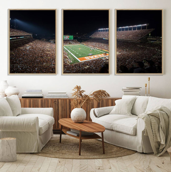 A football game at a packed stadium is captured on the University of Texas Longhorns Stadium Canvas Print.