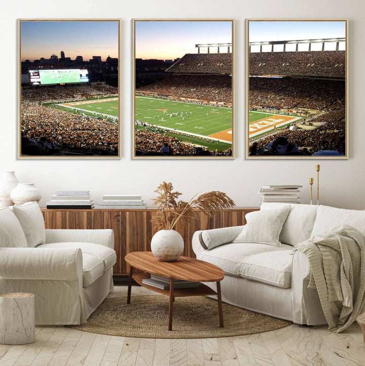 The Evening Game canvas art captures a glowing sunset and skyline at Texas Longhorns Darrell K Royal Stadium.