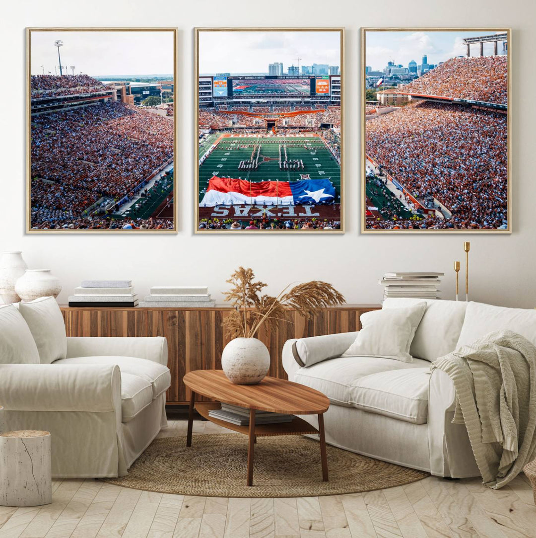 University of Texas Longhorns canvas: A premium print depicting Darrell K Royal-Texas Memorial Stadium with the city skyline and Texas flag.