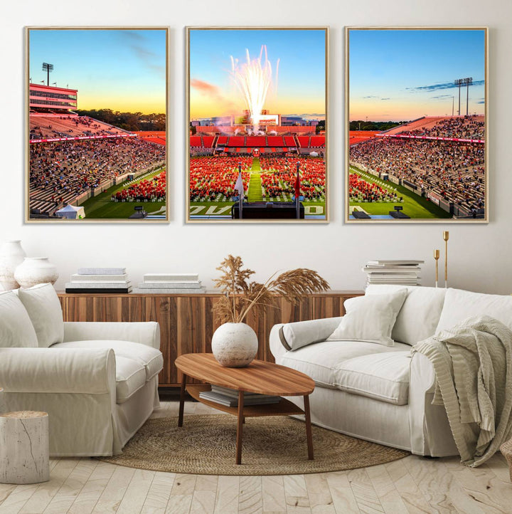 A vibrant North Carolina State University Wolfpack print, capturing a people-filled stadium, fireworks, and a sunset—perfect for your living room wall.