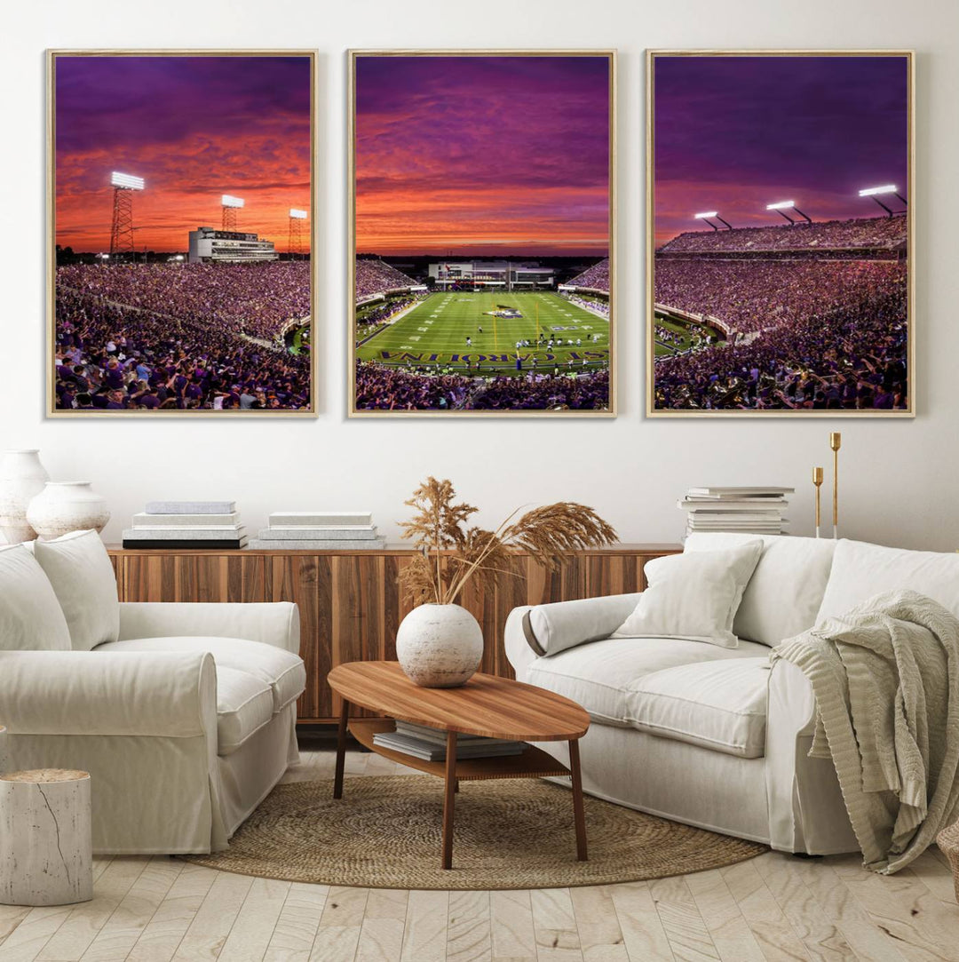 A sunset over Dowdy-Ficklen Stadium, Greenville, captured on museum quality canvas with vibrant purple and orange skies.