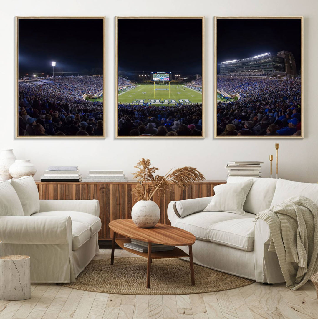 Under bright lights at night, the Duke Blue Devils Football Team Durham canvas wall art print is prominently displayed.