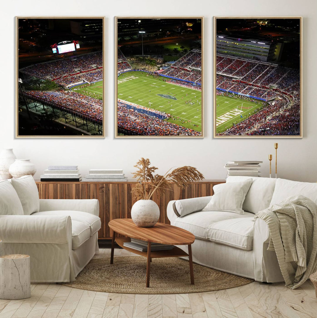 Aerial view of Florida Atlantic University Owls football stadium as a gallery-quality wall art canvas print.