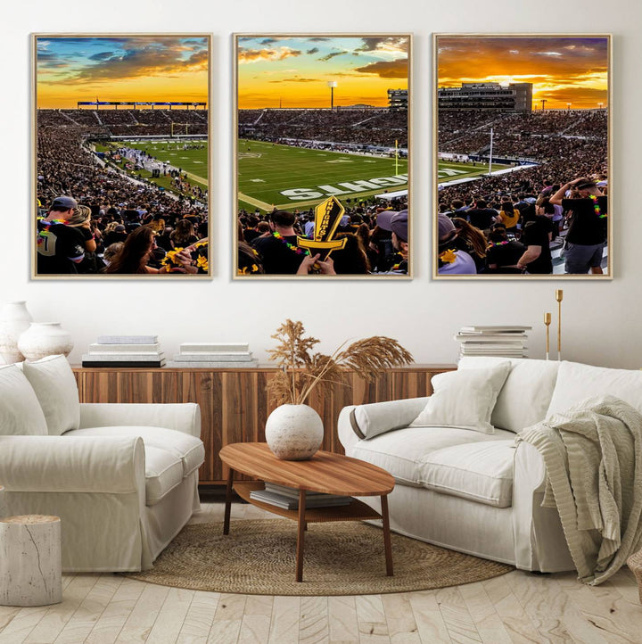 A sunset football game at UCFs Stadium—ideal as a premium wall art canvas print for your home.