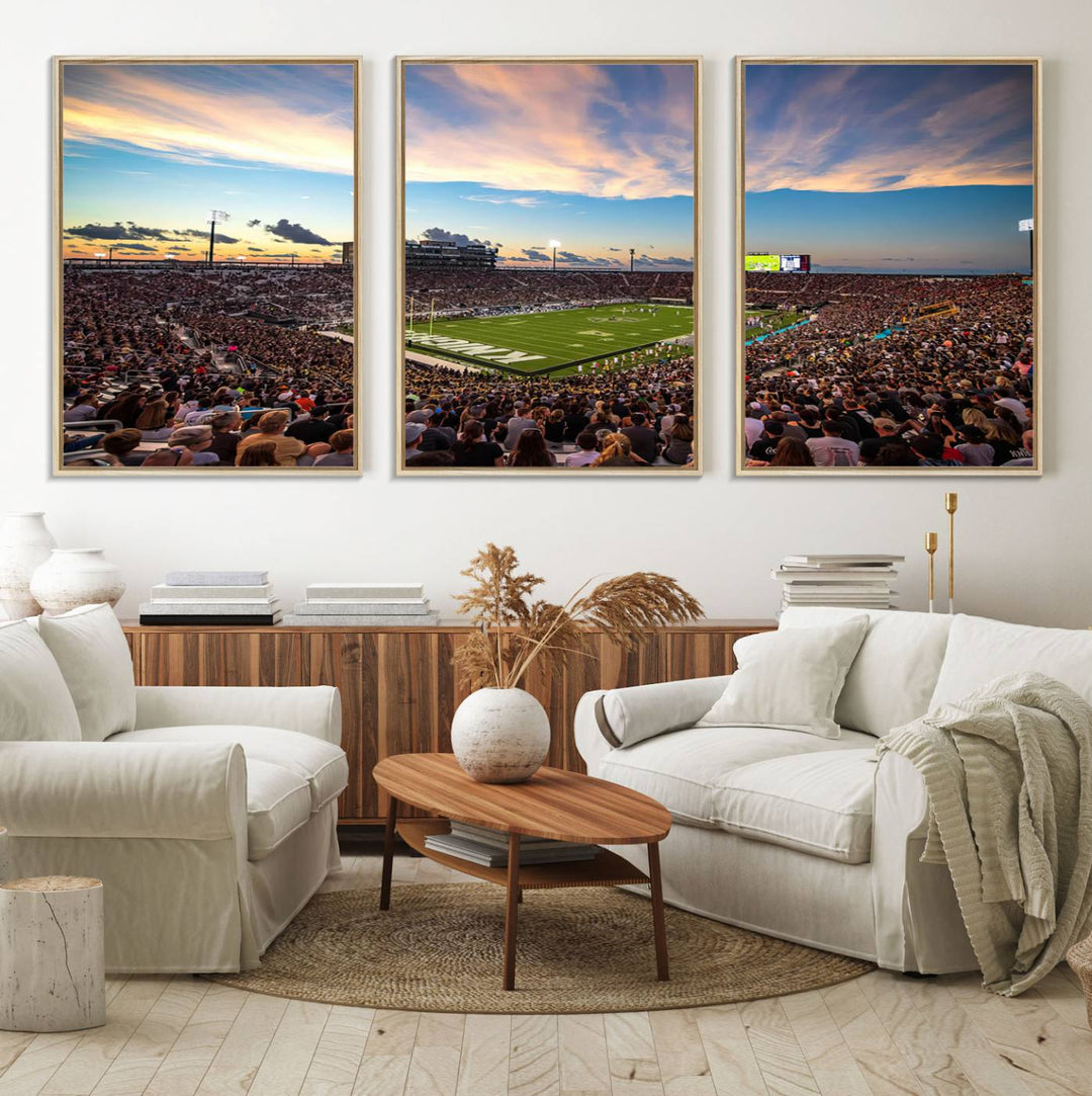 A vibrant wall art canvas captures a sunset scene at Orlandos FBC Mortgage Stadium, featuring the UCF Knights.