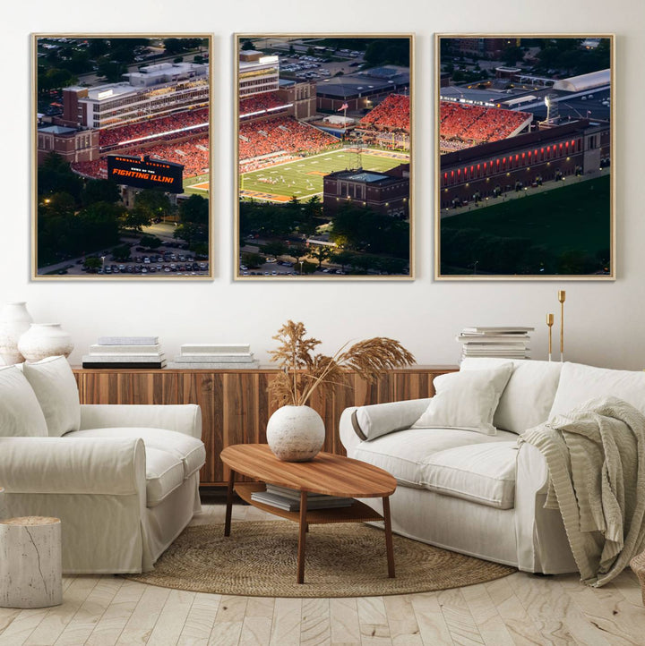 Aerial view of the University of Illinois Memorial Stadium on premium canvas, capturing buildings and greenery at dusk.