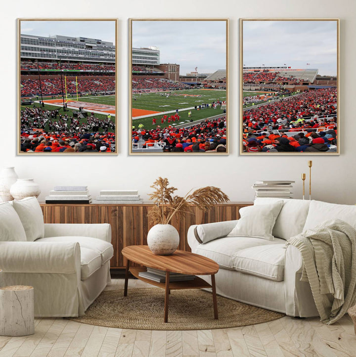 A University of Illinois Fighting Illini wall art canvas hangs on the wall, depicting a packed stadium.