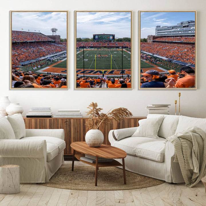 The Illinois stadium packed with orange-clad fans makes for a premium University of Illinois canvas wall art.