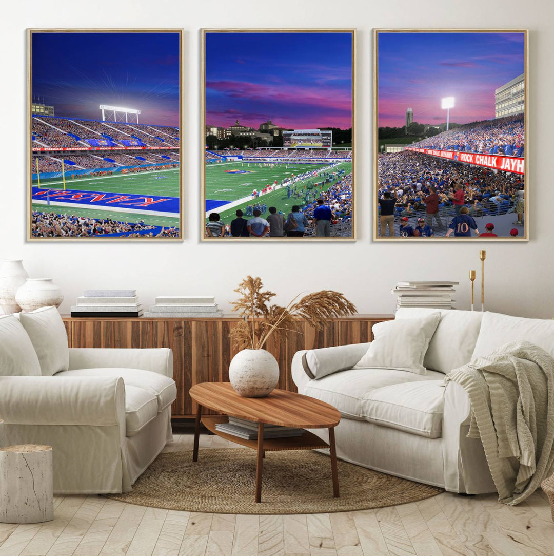 A canvas art piece depicting the Kansas Jayhawks stadium at twilight, vibrant in a modern setting.