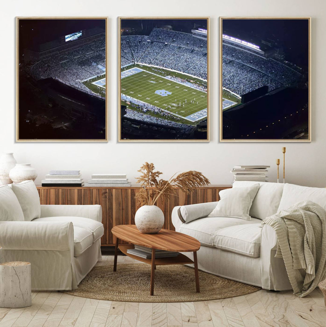 Aerial view of UNC Tar Heels night game at Kenan Memorial Stadium, perfect wall art canvas for fans.