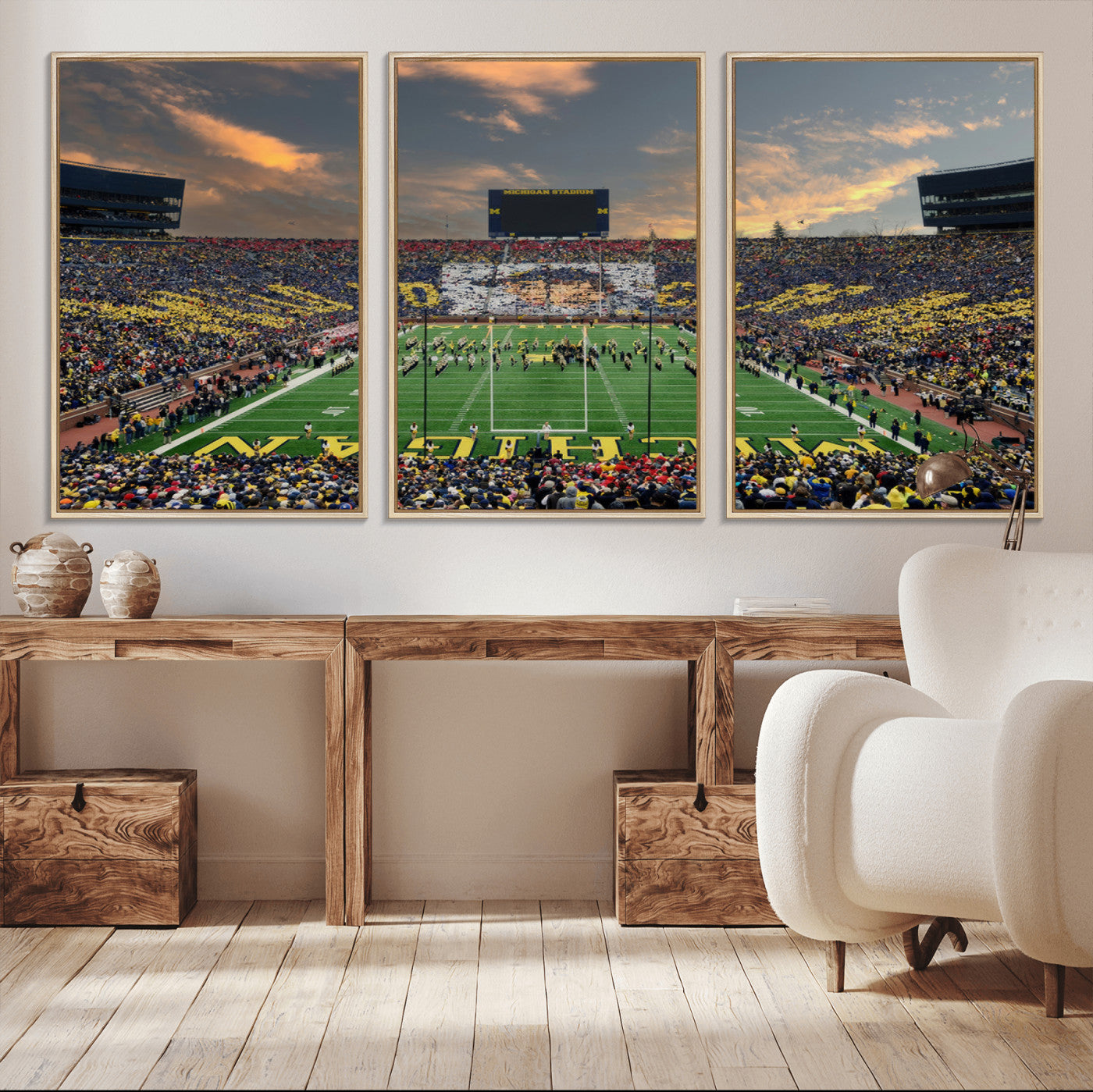 81843-MGV-FC-60X30-3P_Natural-University of Michigan Wolverines Print Canvas, Football Team Print - Ann Arbor Michigan Stadium