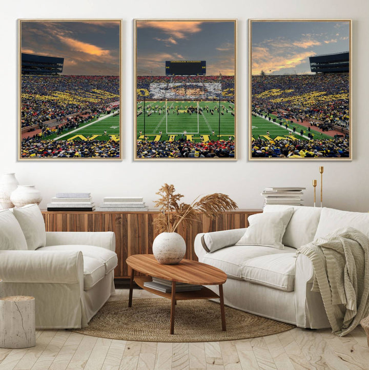 A giant image resembling Michigan Wolverines Wall Art depicts a football field beneath a dramatic sky.