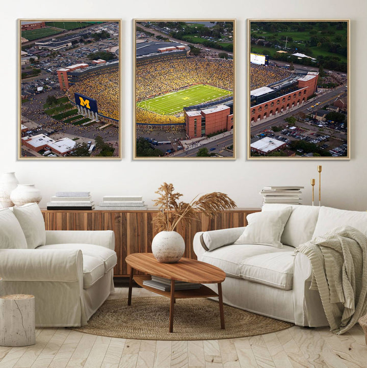 Canvas print featuring an aerial view of Ann Arbor Michigan Stadium filled with Wolverines fans.