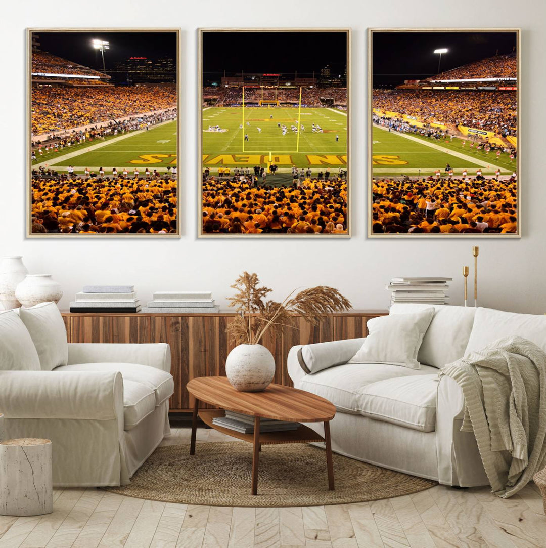 The Phoenix Stadium Canvas Wall Art features a vibrant depiction of a packed stadium filled with ASU Sun Devils fans wearing yellow shirts.