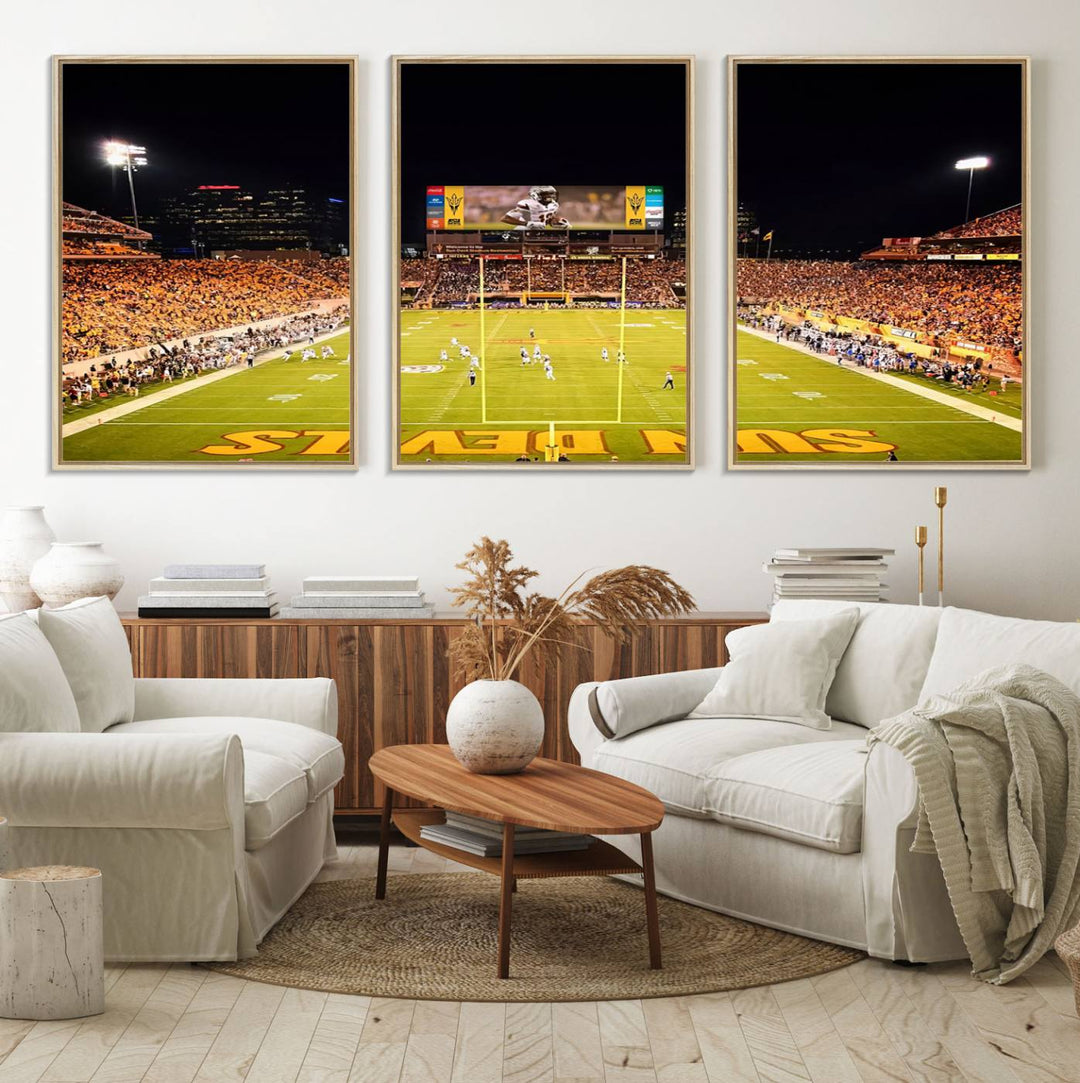 ASU Sun Devils Football Team Print - Wall Art Canvas featuring the Sun Devils end zone at Phoenix Mountain America Stadium.