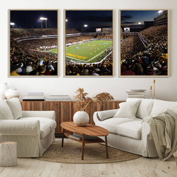 A room featuring an ASU Sun Devils Football Team Print, capturing fans at Phoenix Mountain America Stadium at dusk.