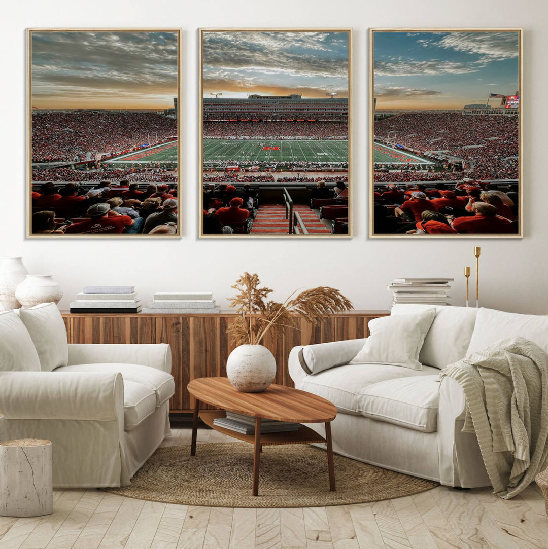 This stunning canvas wall art print features a packed Lincoln Memorial Stadium with the University of Nebraska Cornhuskers at sunset.