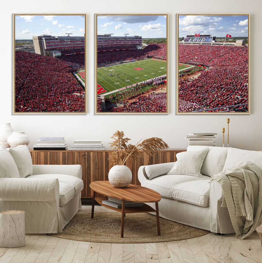 Wall art canvas print depicting a wide-angle view of Lincoln Memorial Stadium during a University of Nebraska game.