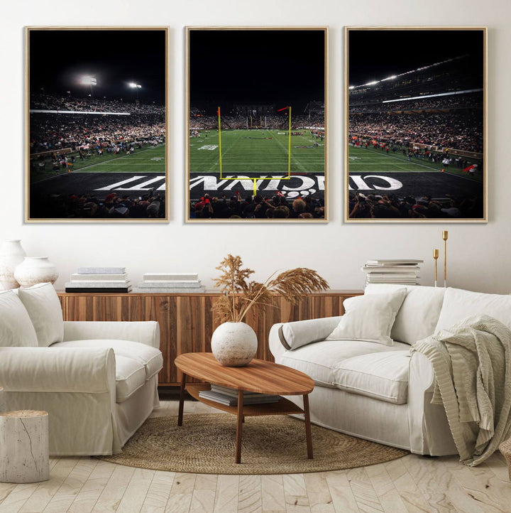 Interior view featuring a Cincinnati Bearcats football canvas of Nippert Stadium.