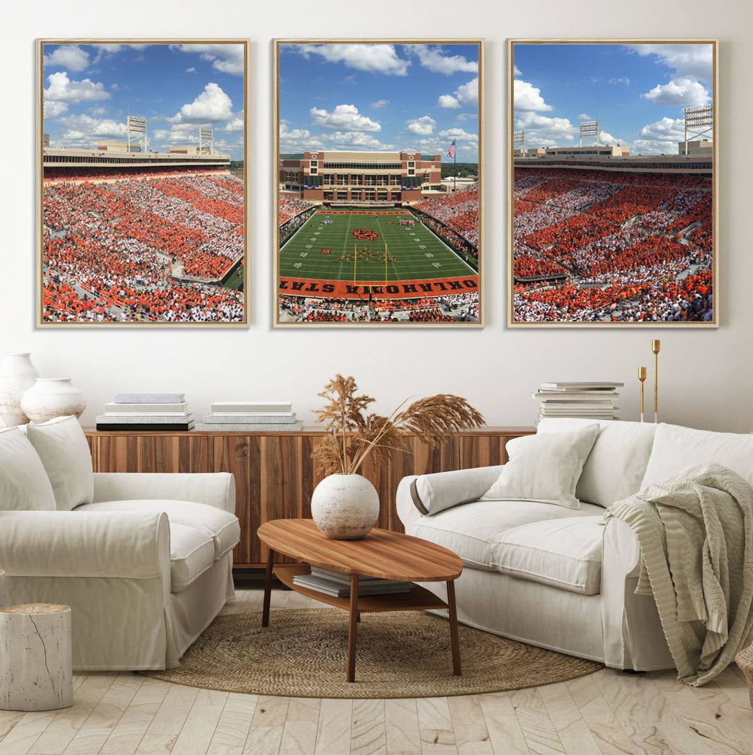 Boone Pickens Stadium was adorned with vibrant murals of Cowboys under a bright blue, cloud-speckled sky.