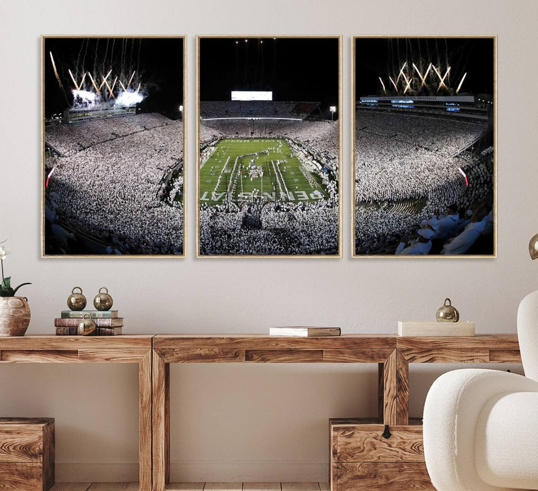 Wide-angle print of a packed stadium with fireworks, ideal gallery-quality wall art - Penn State Nittany Lions Canvas.