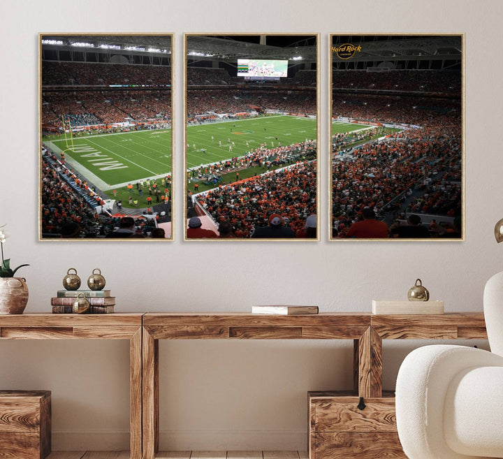 Aerial view of a Miami Hurricanes game at Hard Rock Stadium captured on canvas print, showcasing the teams on the field and fans in the stands.